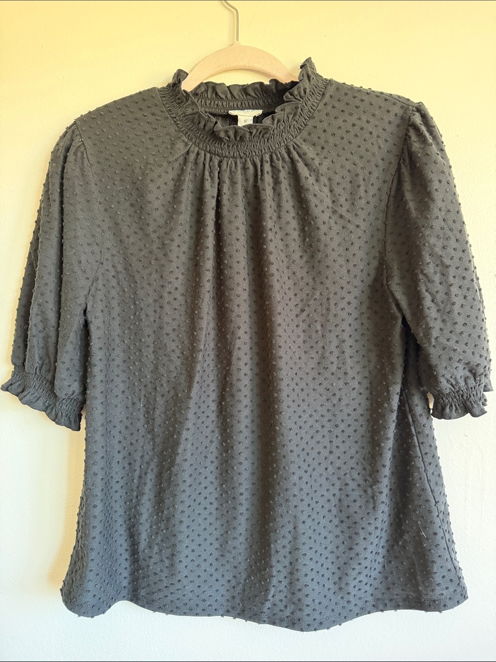 J. Crew Black Swiss Dot Ruffle Neck Blouse